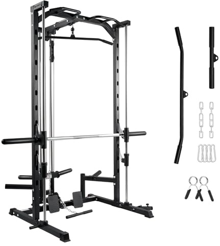 RitFit Smith Machine Power Rack with LAT-Pull Down System, Landmine, Barbell Bar, Plate Storage Pegs and More Training Attachment, 1000 LBS Multifunction Squat Rack for Home Gym, Upgraded 2.0