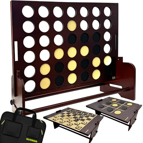 QUOKKA Riesiges braunes Vier-Gewinnt-Spiel - 4-in-1-Superset – Jumbo-Familienspiel aus Holz für Erwachsene - Familienparty im Garten - Großes Schach und Dame - Indoor-Spiel - Tic-Tac-Toe aus Holz