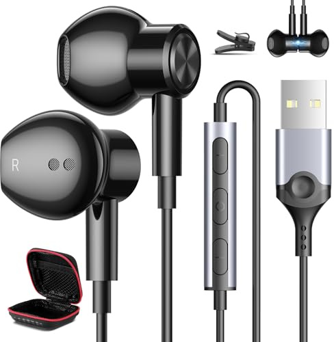 USB Headphones for PC Laptop Magnetic 7.5ft Wired Earbuds Computer Headset | with Mic Control Mute Noise Isolate Cord In Ear Gaming Earphone for MacBook Pro Office Zoom Work School Supply for Chromebook