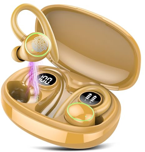 Wireless Earbuds, Bluetooth 5.3 Headphones HiFi Stereo, Bluetooth Earbuds with ENC Noise Cancelling Mic, IPX7 Wireless Earphones with 40H LED Display, Sport Earbuds in Ear EarHook, Turmeric Yellow