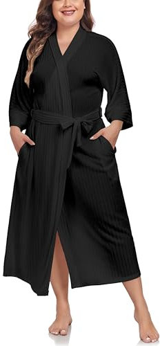 VOGMATE Bademantel Damen Große Größen 4XL Lang Knit Bathrobe Women Plus Size Kuscheliger Morgenmantel Hausmantel Schwarz