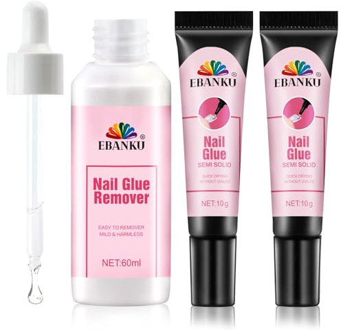 EBANKU Sólido Pegamento Uñas Postizas Super Fuerte con 60ml Quitaesmalte de Uñas Set, Pegamento para Uñas Acrílicas, No necesita lámpara UV, Removedor de Uñas de Gel