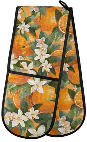 Oven Gloves Double Oven Gloves Orange Tropical Flower Pattern Oven Mitts Pot Holder Heat Resistant Quilted for BBQ Baking Kitchen Cooking Gloves
