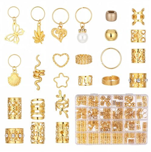 JJUNW 236 Stück Schmuck Haarspiralen Clips, Haarschmuck für Zöpfe, Verstellbar Metallene Haar Geflecht Ringe Manschetten-Clips für Dreadlock-Zubehör für Frauen Männer Zöpfe Dekoration (Gold)
