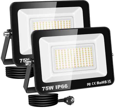 RIGIDON Projecteur Led Extérieur Avec Prise, 2x 75W 7500LM IP66 étanche Éclairage de Sécurité, Spot Led Lampe pour Patio Garage Terrasse Jardin Chantier Muraux Atelier, 3000K Blanc Chaud Luminaires