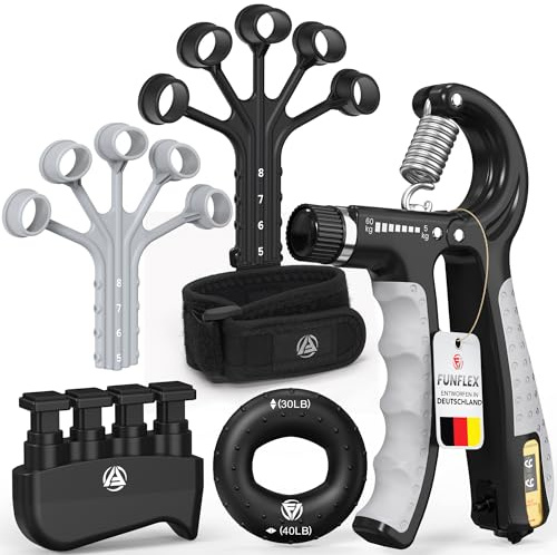 FUNFLEX Allenatore Mano Dita, Set Forza Presa Regolabile 5 Pezzi, Trainer Avambraccio, Estensore Dita, Fascia Polso Neoprene, Grip Ring, Allenamento Mano e Avambraccio
