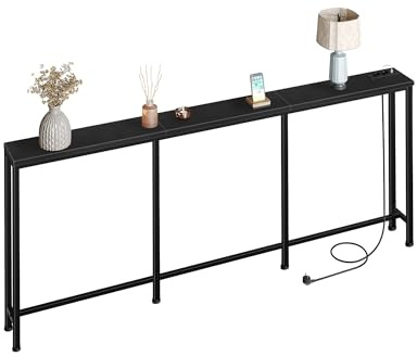 CHOEZON DTXG20CBB 200 cm konsolbord, hallbord med laddningsstation, smalt soffbord med 2 uttag och 2 USB, sidobord för vardagsrum, entréområde, svart
