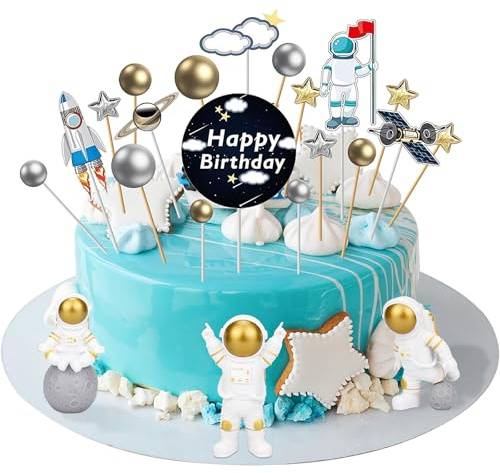 22 Stück Astronaut Tortendeko, Weltraum Kuchen Deko mit Planet Rocket Sterne, Outer Space Themen Tortendeko für Kindergeburtstag, Babyshower und Raumfahrt-Themenparty