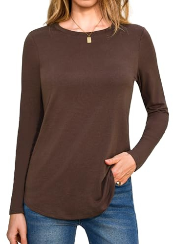 Aottori Maglia Donna Girocollo Elegante Maglietta Manica Lunga Cotone Basic T-Shirt Leggero Top Elasticizzato Stretch Sottogiacca Tinta Unita Marrone L