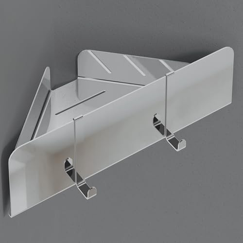 Dolvhin Duschablage ohne Bohren Ecke | Edelstahl Eckregal Dusche | Duschregal Ecke mit Ablaufrillen | Eck-Duschkorb zum Kleben | Badregal Selbstklebend | Bad Wandregal & 2 Haken | Chrom Poliert