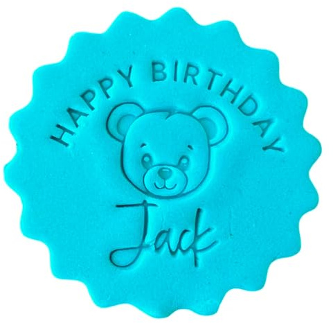 Personalised Cookie Stamp with Free Scallop Cutter, Happy Birthday with Bear, 5cm Acrylic Biscuit Embosser, Food-Safe Plastic Baking Tool, Fits M&S All Butter Biscuits