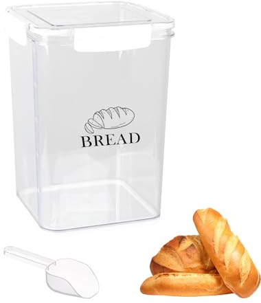 Boite a Pain 5L en PET Transparent, Boite à Pain avec 4 Clips de Fermeture | Boîtes à Pain avec Joint, Cuillère et Graduations, Boite Pain pour Toasts et Pâtisseries sur Table, en Cuisine au Quotidien