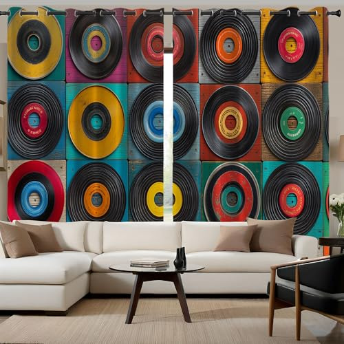 CAEITLRSO Cortina Opaca Discos De Vinilo, Vintage Arte, Cortinas con Aislamiento Térmico, Cortinas de Ventana con Ojales para Decoración de Sala de Estar, Dormitorio, 2 Paneles, 140x280cm