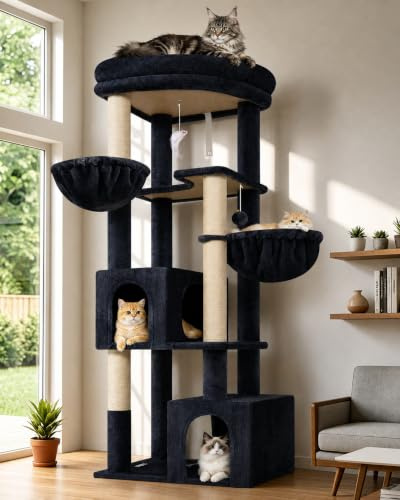 Globlazer Tiragraffi per Gatti Angolare 163 cm con 2 Grandi Grotte 45*30*30CM, Immenso Piattaforma, 2 Morbido Cesto, Albero Stabile per 2-4 Gatti Grandi Adulti Riposati Grattati (C64, Grigio Scuro)