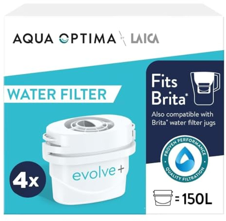 Aqua Optima Evolve+ Water Filter Cartridges 4 Pack - Fits Brita Jugs & Alternative for Maxtra Filters* - Reduces Limescale, Chlorine and Other Impurities - by LAICA | Fits Maxtra, Maxtra+ & PerfectFit. Reduces chlorine, limescale, lead and microplastics. 4 filters provide up to 120 days.