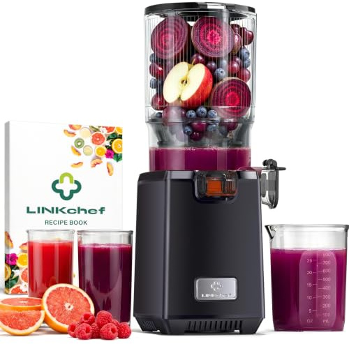 LINKChef Slow Juicer 250 W för Frukt och Grönsaker, 13 cm Bred Matningsöppning, 1,8 L Juicebehållare, BPA-fri, Enkel att Rengöra, Receptbok Ingår