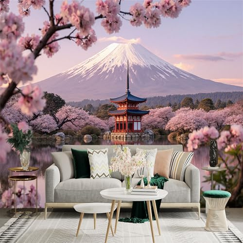 Autocollant mural de taille personnalisée, temple japonais avec fleurs de cerisier, reflet de montagne et de lac, pour décoration murale, décalcomanies murales peelandstick.