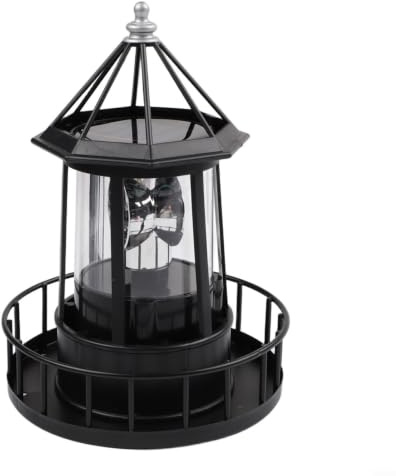 Faro rotante a energia solare, elegante decorazione da giardino per esterni, struttura in ferro ABS resistente alle intemperie, lampada da prato compatta per patio e vialetto (nero)
