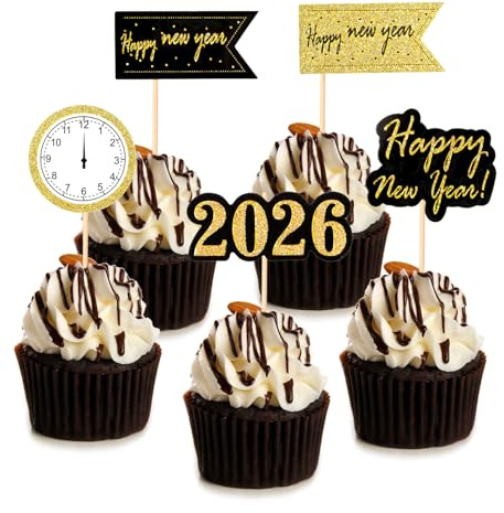 HOWAF 25-teiliges Set für Silvester 2026, Kuchendekoration, Cupcake-Topper, 2026, für Geburtstagsfeier, neues Jahr, Deko, Tisch, Neujahr 2026