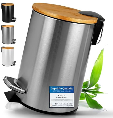 HIBATH Cosmetic Bin Made of Stainless Steel with Bamboo Lid (3 Litres, Silver) - Bathroom Waste Bin with Soft-Close Mechanism - Practical Rubbish Bin - Toilet Pedal Bin