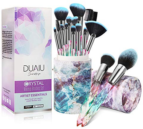 DUAIU Makeup Brushes 15pcs Premium Synthetic Bristles Crystal Handle Set Kabuki Foundation Brush Face Lip Eye Makeup Brush Sets Professional with Starry Gift Box(Blue)