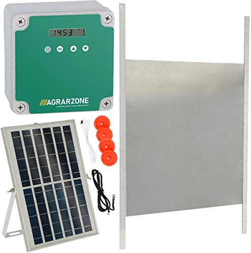 Agrarzone automatisk solhönsdörr kycklingflik med skjutreglage 43 x 40 cm | Dörröppnare hönshus med timer och ljussensor | 230V, batteri och sol | Kycklinghusdörr för säker kycklinghållning