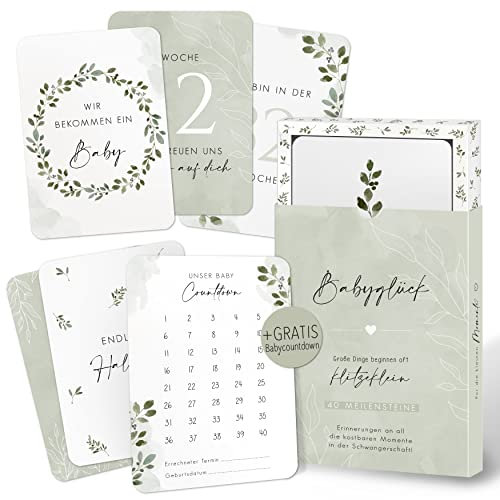 40 Meilensteinkarten Schwangerschaft - Inspirierendes Meilenstein Karten Set inkl. Geschenkbox - für Mädchen & Junge - Babyglück Olive