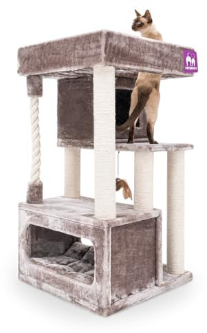 Petrebels Kratzbaum Stabil, ideal für Senioren, Lodge 107 cm, Cappuccino | waschbaren Kissen, Ø 9 cm Stämme, leicht zu erklimmen, mit 2 Schlafhöhlen, XXL Liegekorb, Natursisal-Stämmen & Spielseil