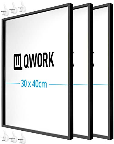 QWORK® 3er Set Aluminium Bilderrahmen 30x40 cm Schwarz Matt - Bruchsicherem Acrylglas - für Portraits, Puzzles, Poster, Urkunden