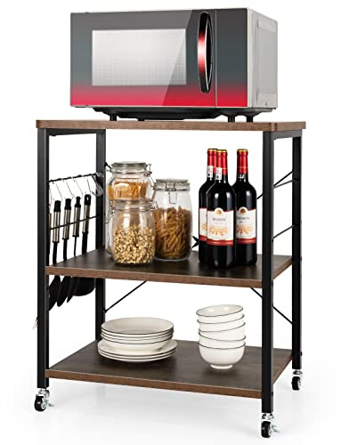TANGZON 3-Tier Kitchen Baker's Rack on Lockable Wheels, Metal Frame Rolling Kitchen Storage Cart with 5/10 S-Hooks, Utility Shelves Unit for Home Dining Living Room (2 Adjustable Shelves,Rustic Brown)