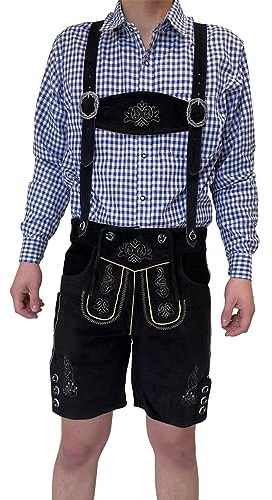 Dretaild Herren Lederhose Tracht Kurz mit Hosenträgern Rindleder Trachtenhose Premium Tracht Oktoberfest Volksfest Kurz geschnitten mit stilvollen Riemen Größe 46-60