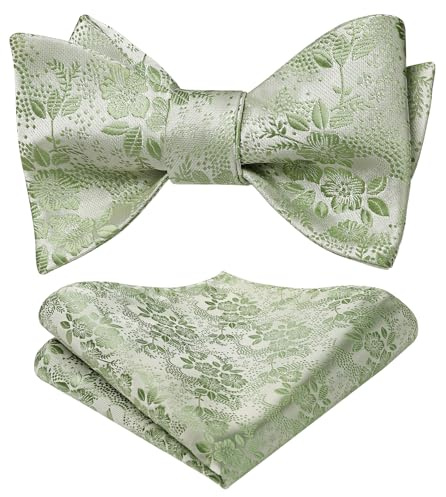 HISDERN Herren Fliege und Einstecktuch Set Selbstgebundene Salbeigrün Blumen Fliege für Anzug Hochzeit Feier