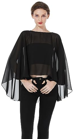 BEAUTELICATE Damen Stola Schal Chiffon Umhang Cape Elegant Für Hochzeit Brautkleid Abendkleid Festlich Ballkleid Strandkleid (Kurzer Stil - Schwarz, Einheitsgröße)