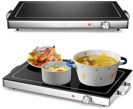RELAX4LIFE Warmhalteplatte 56 × 36cm, Teller Wärmer 50℃-120℃ Temperaturregler, Speisewärmer 300W, Buffet Wärmer aus Edelstahl, Ideal zum Warmhalten von Speisen