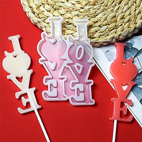 mostsom Lot de 2 moules en silicone pour sucettes au chocolat, bonbon, fondant, gâteau, biscuits, pâtisserie, sans colle, 2 pièces (I_Love)