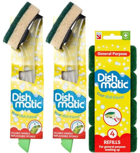 2X Fillable Washing Up Brush and Sponge Bundle- Easy Grip Dish Cleaner - with 4X General Purpose Brush Sponge Refills