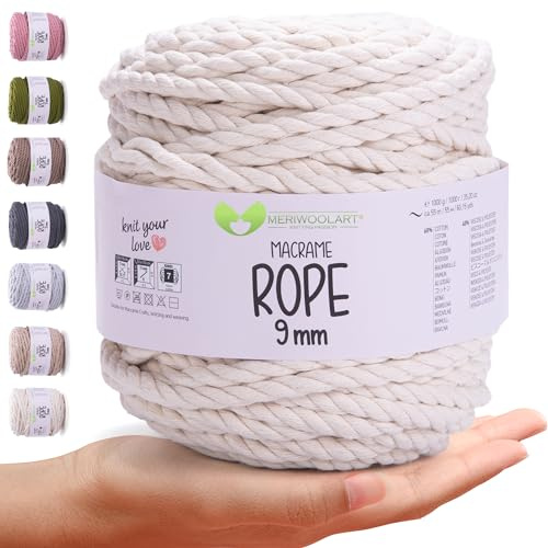 MeriWoolArt® Premium Makramee Garn 9 mm x 55m (Naturell), Baumwollgarn Kordel, Dicke Makramee Seil für Wandbehang, Blumenampel, Vorhang und Mehr DIY Handwerk