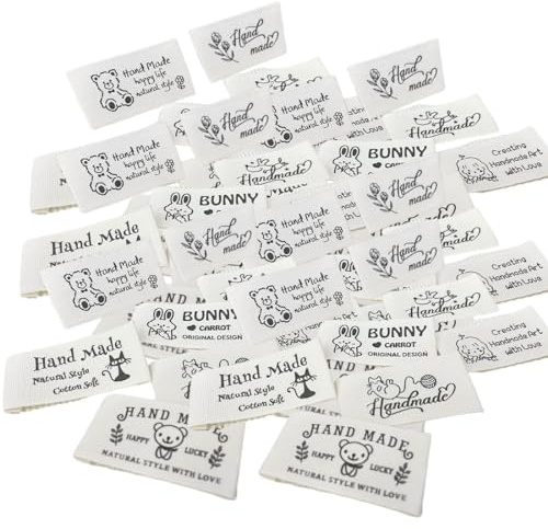 HZAOPZE 50 pcs Handmade Label zum Annähen aus Stoff Label Nähen Handmade Etiketten Einnähen Textiletiketten Handmade Stoffetiketten Handmade Stoff Labels Beige, Cartoon-Stil
