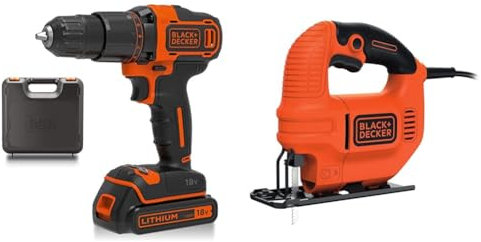 BLACK+DECKER 18 V Cordless 2-Gear Combi Hammer Drill Power Tool with Kitbox, 1.5 Ah Lithium-Ion, BCD700S1K-GB, Orange & Black + Decker KS501-GB 400 W Compact Jigsaw with Blade
