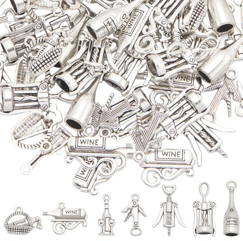 SUNNYCLUE 1 scatola 70 pezzi 7 stili Ciondoli Da Vino In Lega Ciondoli Da Vino Sfusi Argento Tibetano Antico Apribottiglie Estate per Creazione di Gioielli Forniture di Ciondoli Artigianato Fai Da Te