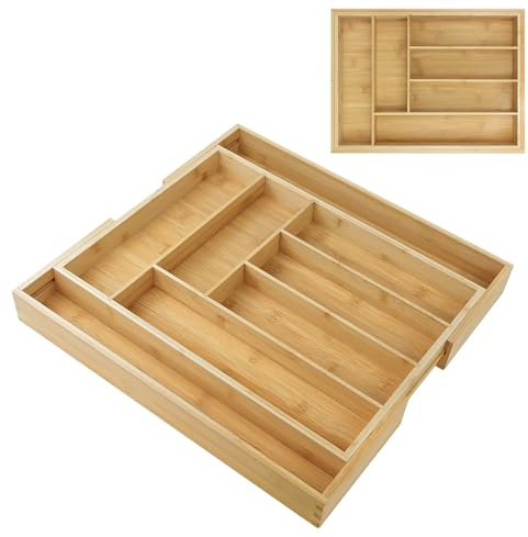 Bowose Cutlery Drawer Organiser 32/52 x 43x 5cm Expandable Utensil Holder with 6 to 8 Slots for Spoons, Forks, Knives, Space Saving Bamboo Cutlery Tray Easy to Fit for Home, Office, Workshop