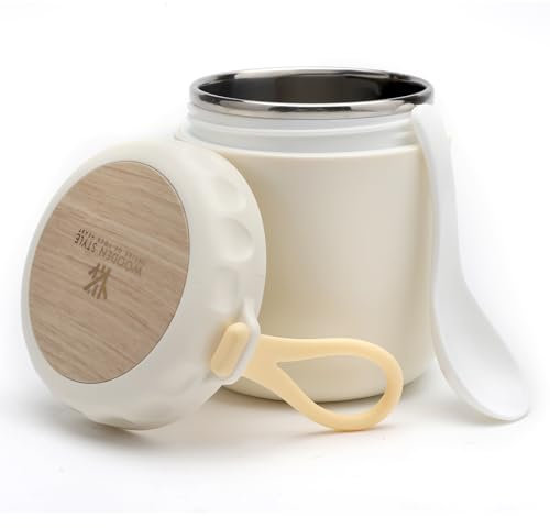 TNSLAND Termo para Comida 400ml, Termo Solidos Bebe con Cuchara, Termo Bebe Solidos con Correa para la Muñeca, Termo Papillero Bebe Acero Inoxidable, Termo Comida Caliente Bebe para Sopas, Blanco