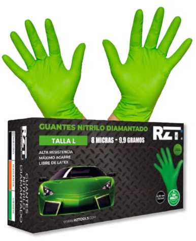 RZ TOOLS Guantes De Nitrilo Desechables Verdes De 50 Uds Guantes De Nitrilo Extra Gruesos Con Textura Diamante | Guantes Para Taller Y Montaje De Alta Resistencia Desechables | Tamaño L