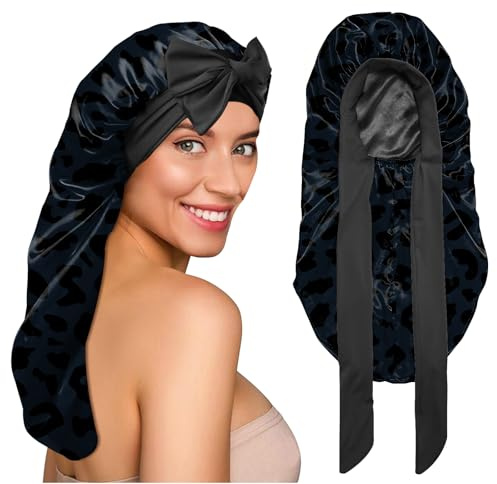 BHAHB Satin Haarhaube Bonnet Für langes Haar,Doppellagig, Elastisch, Verstellbar und Wiederverwendbar Satinhaube zum Schlafen, Niedliches Design für Damen und Mädchen(L9-Leopard)