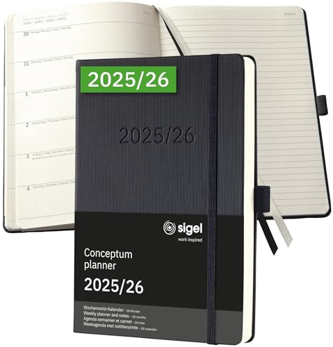 SIGEL C2603 Terminplaner Wochennotiz-Kalender 2025/2026 A5, schwarz, Hardcover, 256 Seiten, Gummiband, Stiftschlaufe, Archivtasche, nachhaltiges Papier, 18-Monatskalender, Kalenderbuch Conceptum