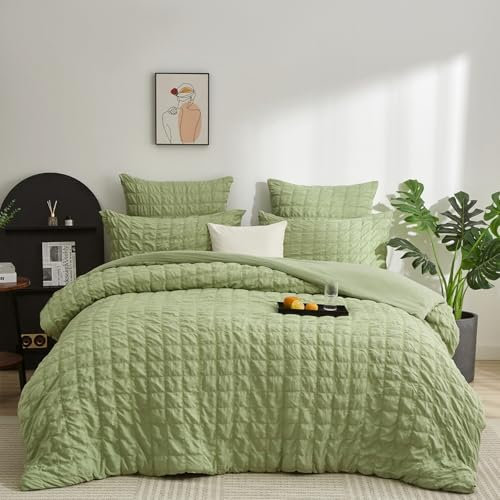 Gezu Housse de Couette Vert 240x260cm Carreaux Seersucker Parure de Lit 240x260 Adulte Ado Doux Elegant Linge de Lit 2 Personnes avec 2 Taies d'oreiller 65x65cm avec Fermeture Éclair