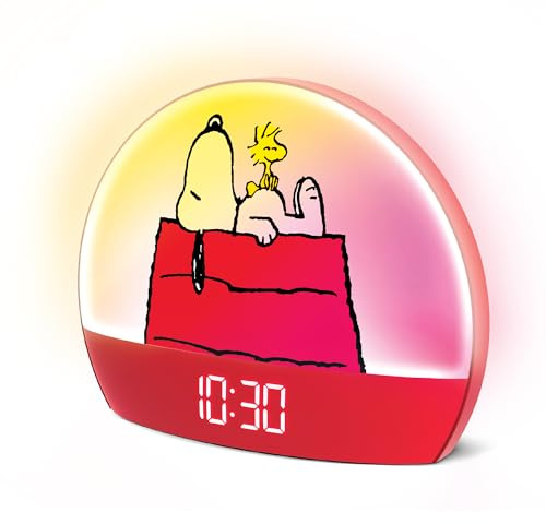 Peanuts Snoopy Sunrise Alarm Clock – Vibrant Snoopy Edition with Multicolor Lights, USB Charging, LED Display, Gentle Wake-Up Simulation, and Handy Snooze Function, Red