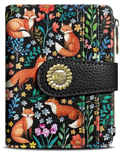 Kelvoris Cute Floral Fox Flowers Boho Small Rfid Women Wallet Bifold Zipper Coin Pocket PU Leather Compact Cash Credit Card Holder Travel Wallet for Female Ladies Teen Girls 1 ID Window 10 Card Slots