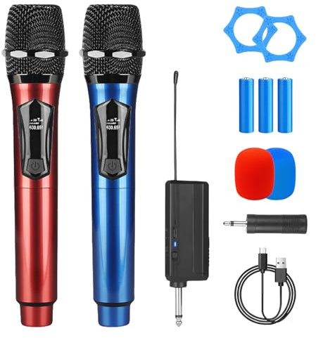 Microphone Sans Fil,2 Pièces Double Portable Micros Dynamiques Avec Récepteur Rechargeable,Micro Dynamique A Main Double,Microphones A Main Sans Fil Pour Karaoké,Fête,Réunion