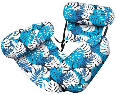 Exquisite Palm Leaf Inflatable Pool Chair for Adults - Tropical Themed Lightweight Foldable PVC Floating Lounger, Ideal for Summer Relaxation at Beaches and Pools (Blue)